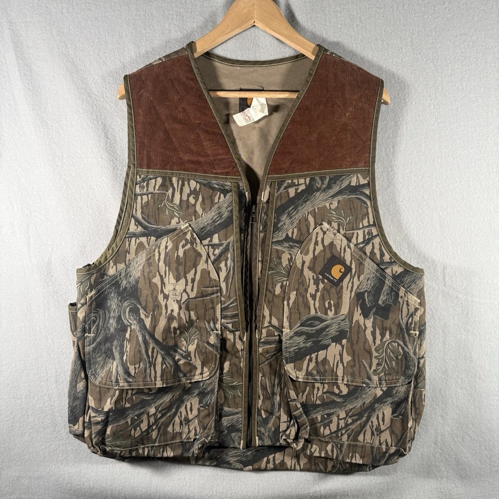 Vintage 1980s Carhartt Mossy Oak treestand Camo Hunting Vest USA Canvas RARE L